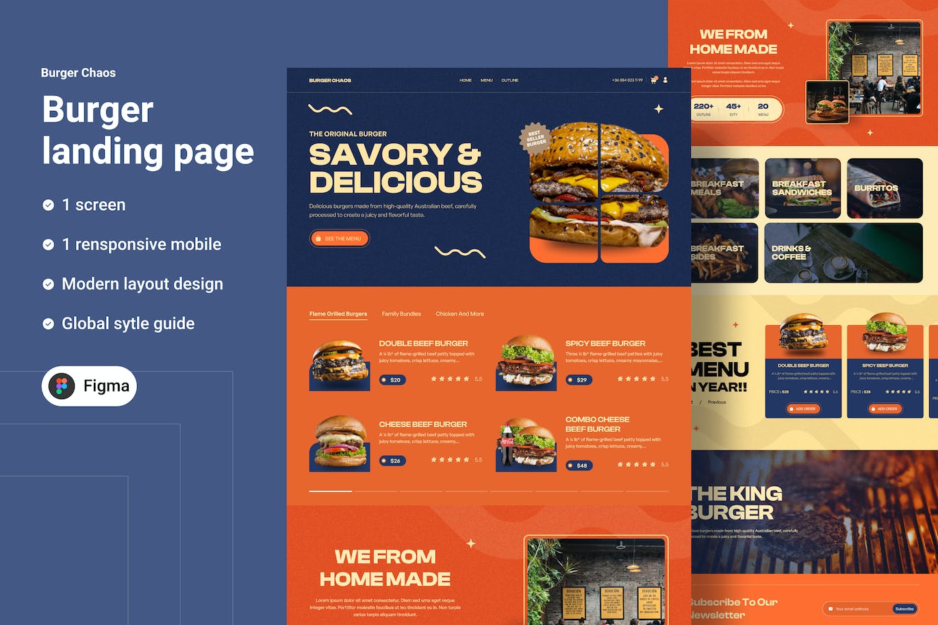 汉堡店网站着陆页模板 Burger Chaos – Burger landing page APP UI 第1张