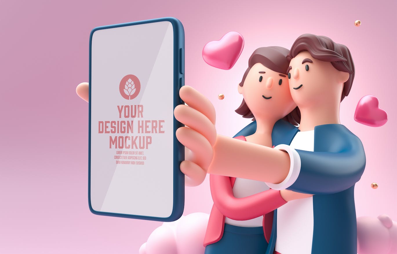 情人节3D装饰手机屏幕样机图psd素材 Set Valentine’s Day Concept with Mobile Mockup APP UI 第9张