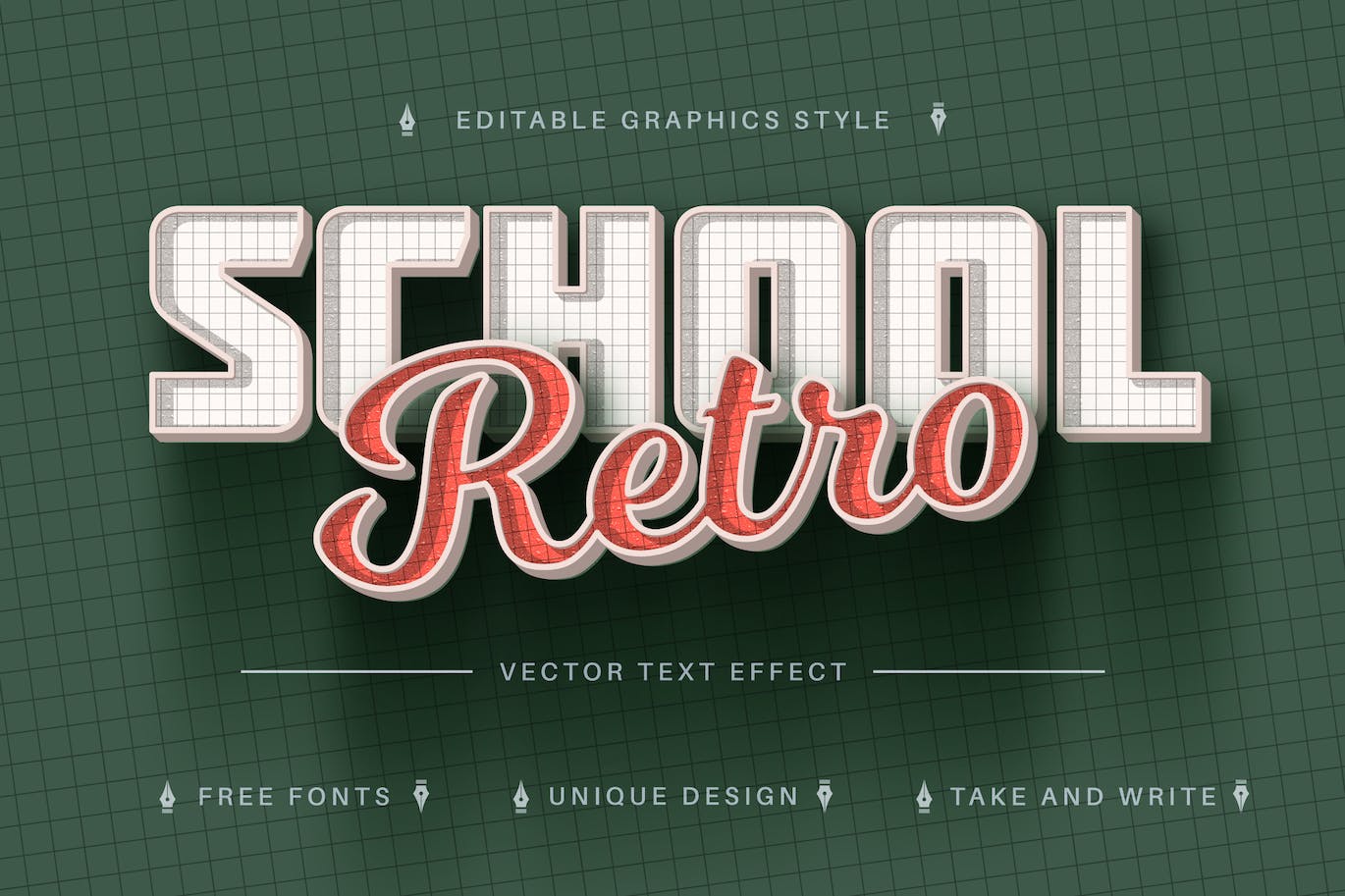 复古网格矢量文字效果字体样式 Retro School – Editable Text Effect, Font Style 插件预设 第1张
