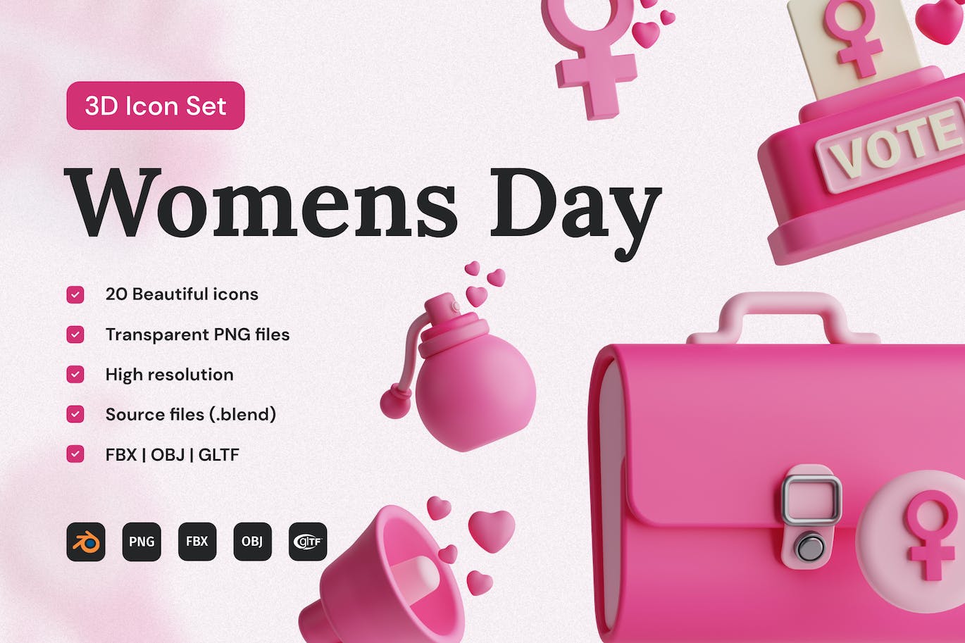 妇女节粉色3D图标集 Women’s Day 3D Icon Set 图标素材 第1张