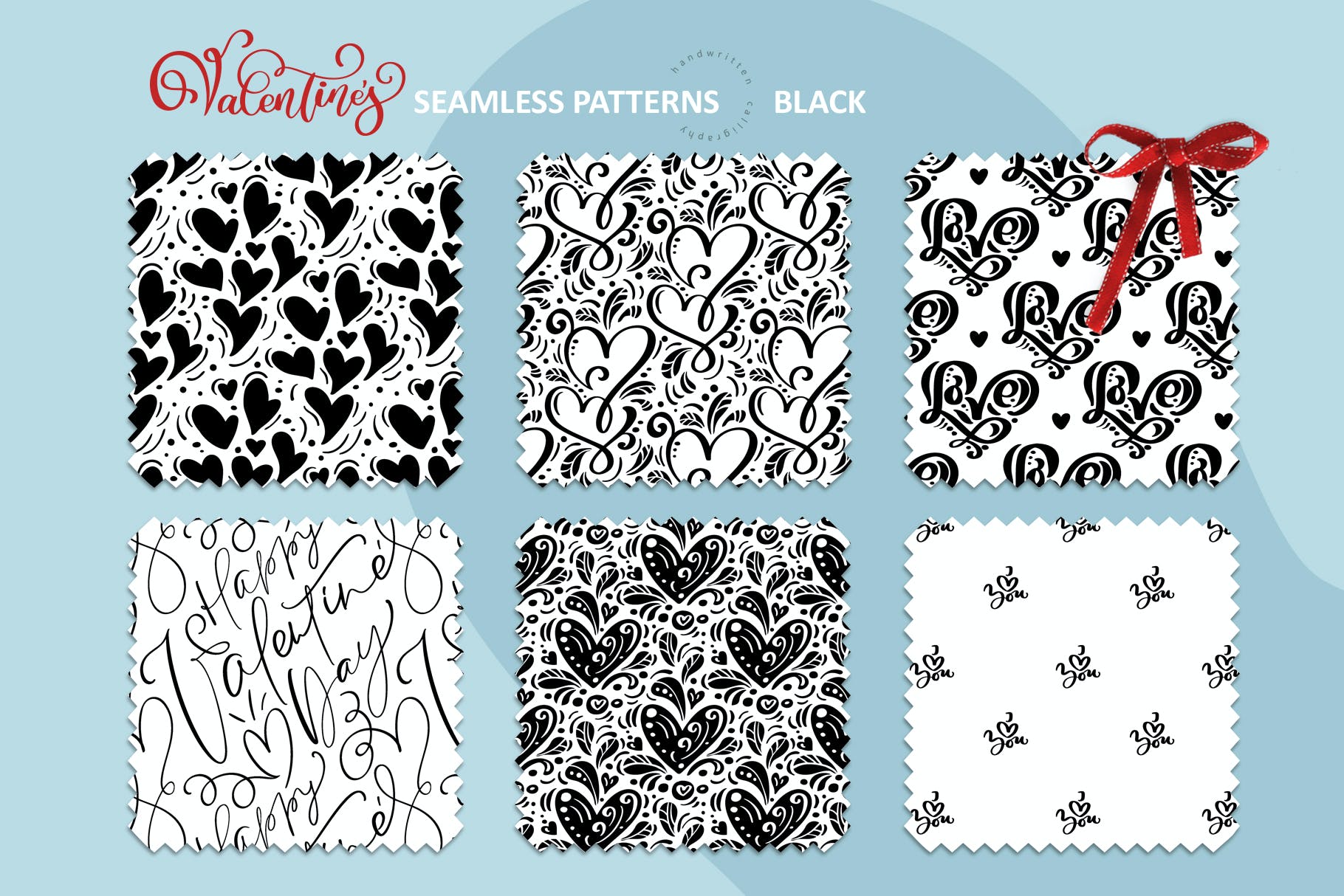 情人节爱心手绘无缝图案 Valentine`s Hand Drawn Seamless Patterns 图片素材 第9张
