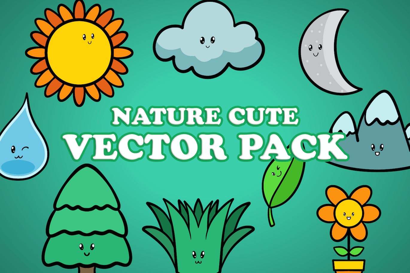 可爱的自然元素矢量插画素材 Cute Nature Element Character Vector Pack 图片素材 第1张