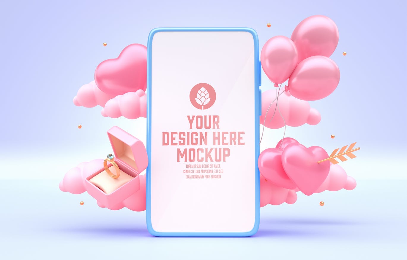 情人节3D装饰手机屏幕样机图psd素材 Set Valentine’s Day Concept with Mobile Mockup APP UI 第4张