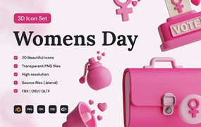 妇女节粉色3D图标集 Women’s Day 3D Icon Set
