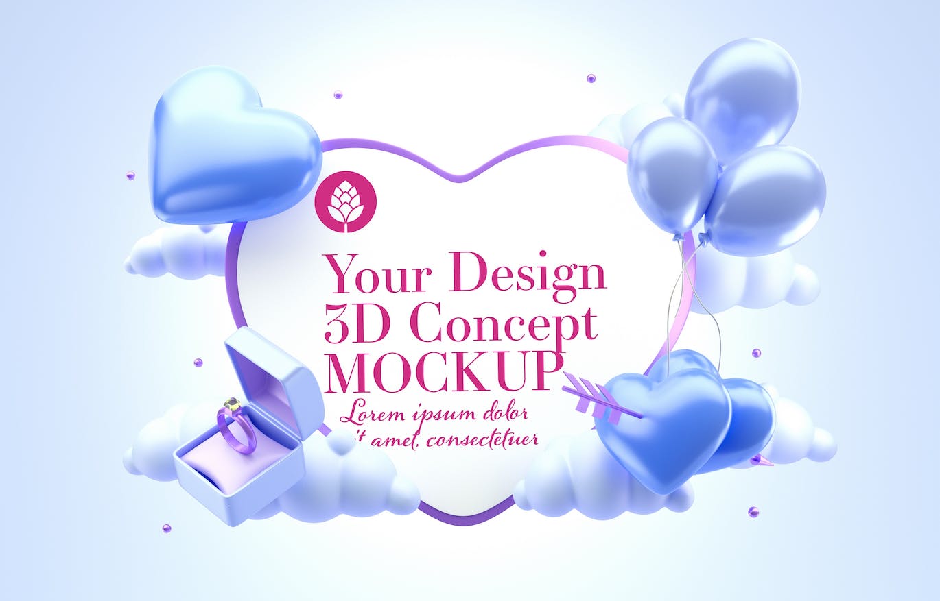 爱心情人节3D概念样机图psd素材 Set Valentine’s Day Concept Mockup 样机素材 第9张