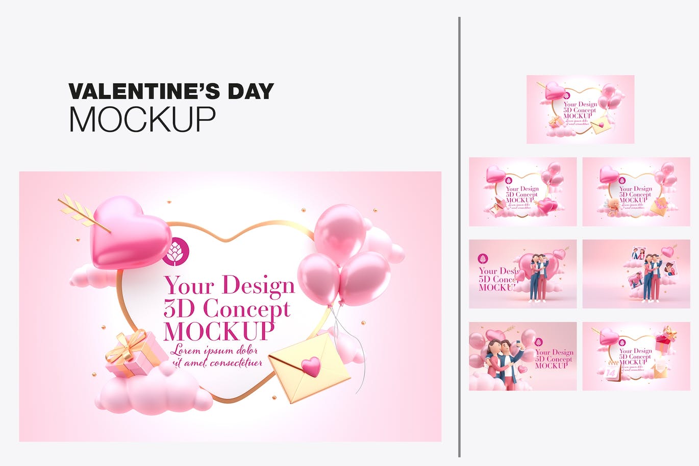 爱心情人节3D概念样机图psd素材 Set Valentine’s Day Concept Mockup 样机素材 第1张
