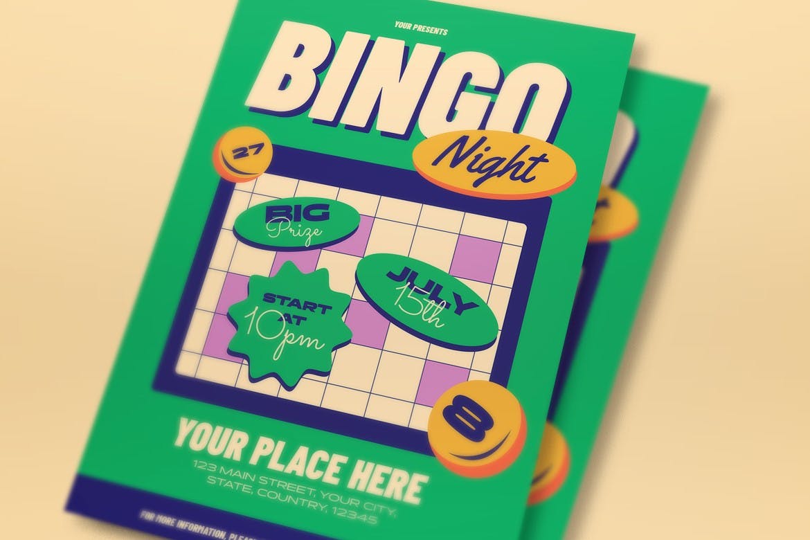 绿色平面设计宾果之夜海报模板下载 Green Flat Design Bingo Night Flyer Set 设计素材 第2张