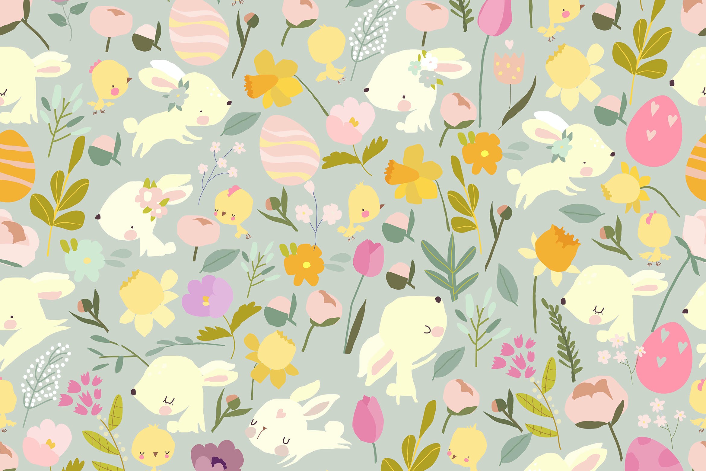 复活节兔子&花卉矢量无缝图案 Vector Seamless Pattern with Funny Easter Rabbits 图片素材 第1张