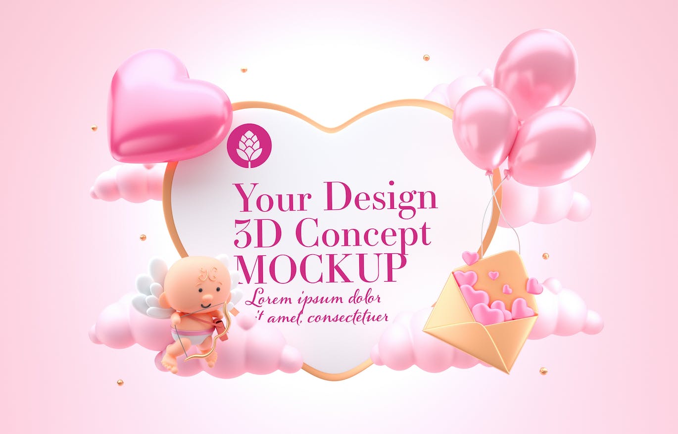 爱心情人节3D概念样机图psd素材 Set Valentine’s Day Concept Mockup 样机素材 第12张