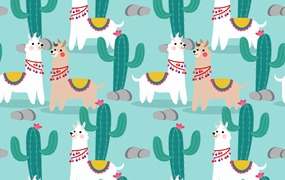 美洲驼和仙人掌无缝图案 Llama and Cactus Seamless Pattern