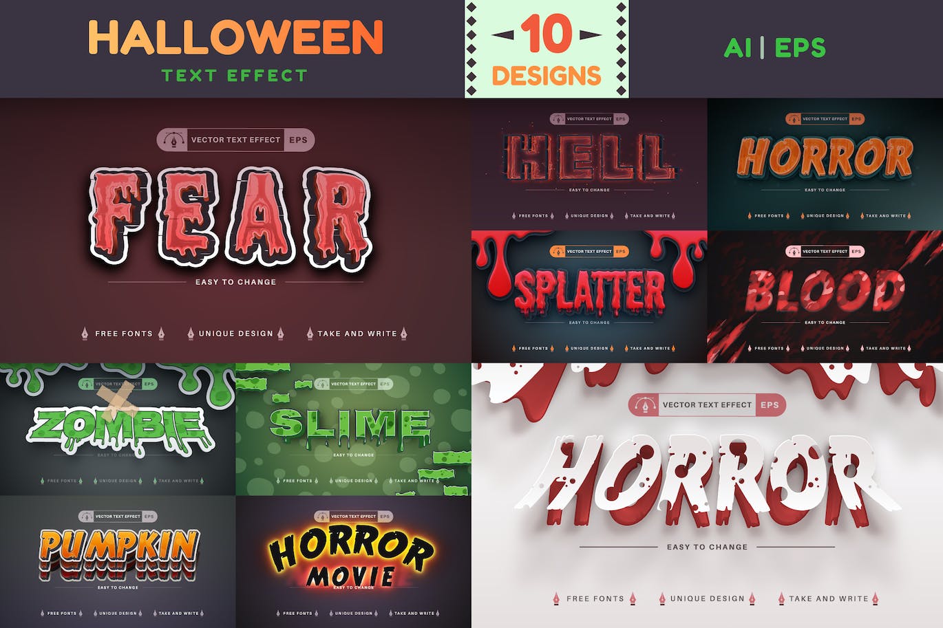 10种万圣节矢量文字效果字体样式 Set 10 Halloween Editable Text Effects, Font Style 设计素材 第1张