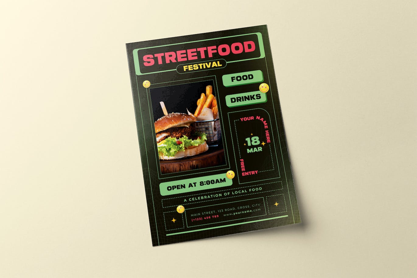 街头食品美食节宣传单设计模板 Street Food Festival Flyer APP UI 第1张