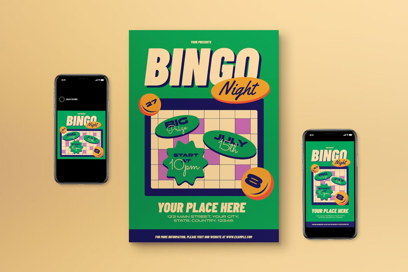 绿色平面设计宾果之夜海报模板下载 Green Flat Design Bingo Night Flyer Set 设计素材 第1张