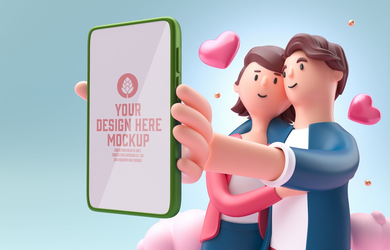 情人节3D装饰手机屏幕样机图psd素材 Set Valentine’s Day Concept with Mobile Mockup APP UI 第5张