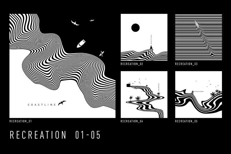 100个抽象波浪概念黑白插图和背景，AI源文件 图片素材 第13张