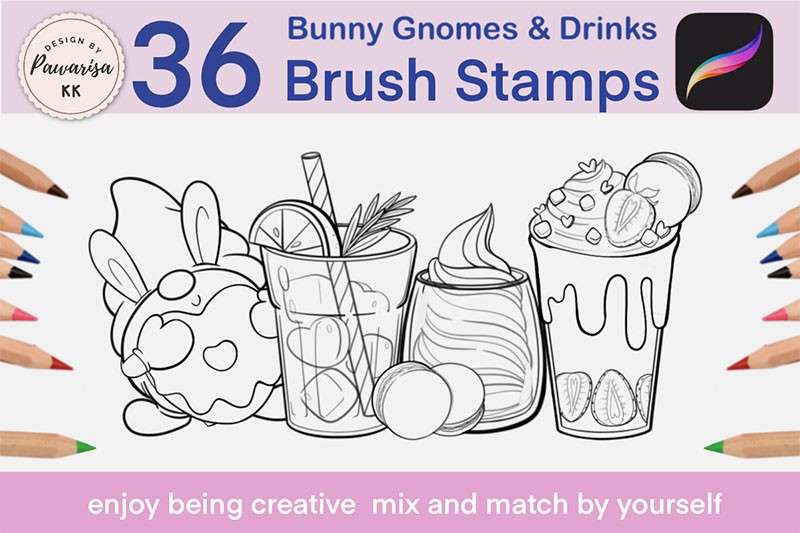 36个兔子卡通和饮料线描画Procreate笔刷 APP UI 第2张