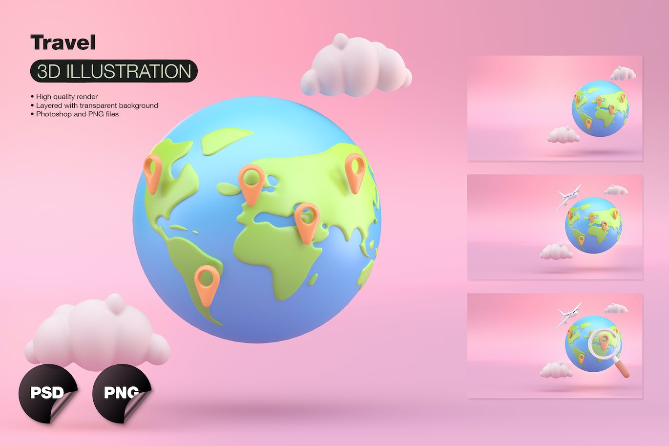 世界环球旅行3D插画psd素材 Set Travel Concept With Planet 设计素材 第1张