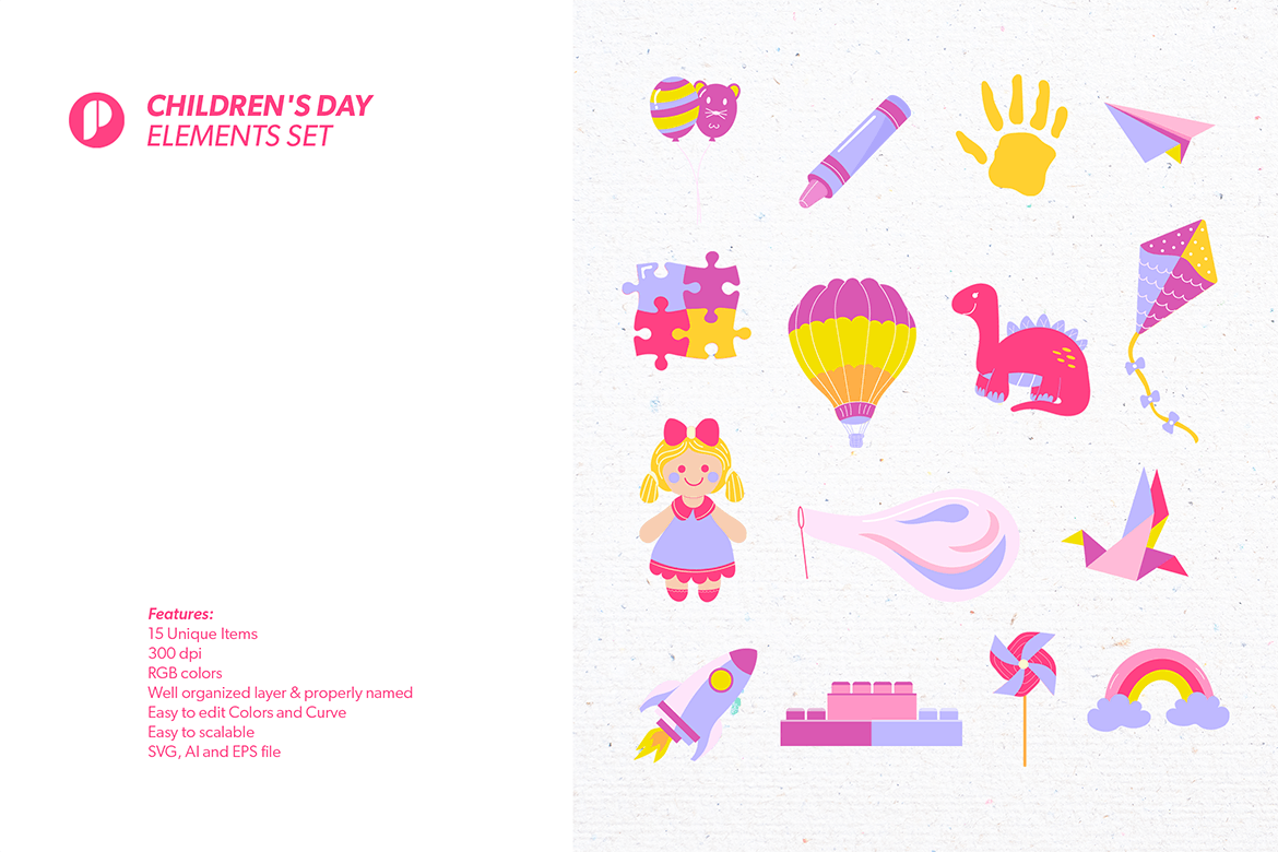 小粉红儿童节元素插画套装 Pinky children’s day elements set 图片素材 第5张