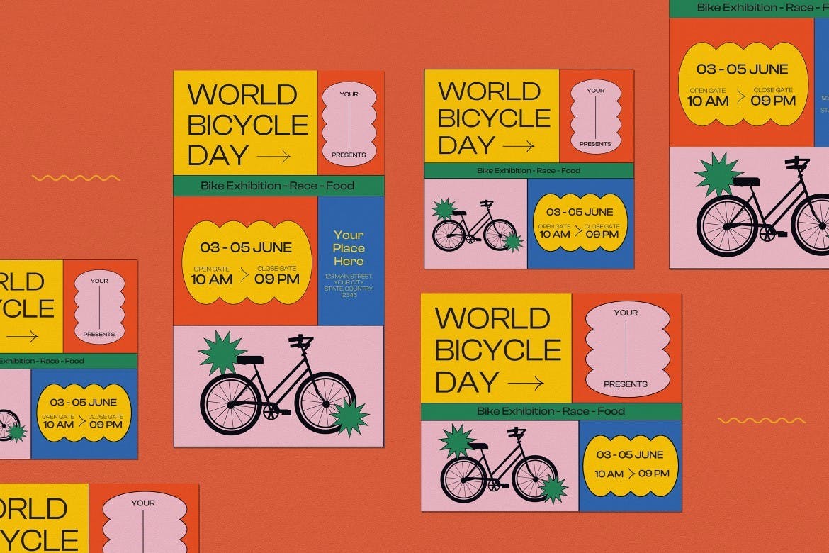 黄色几何图形世界自行车日海报设计模板 Yellow Geometric World Bicycle Day Flyer Set 设计素材 第4张