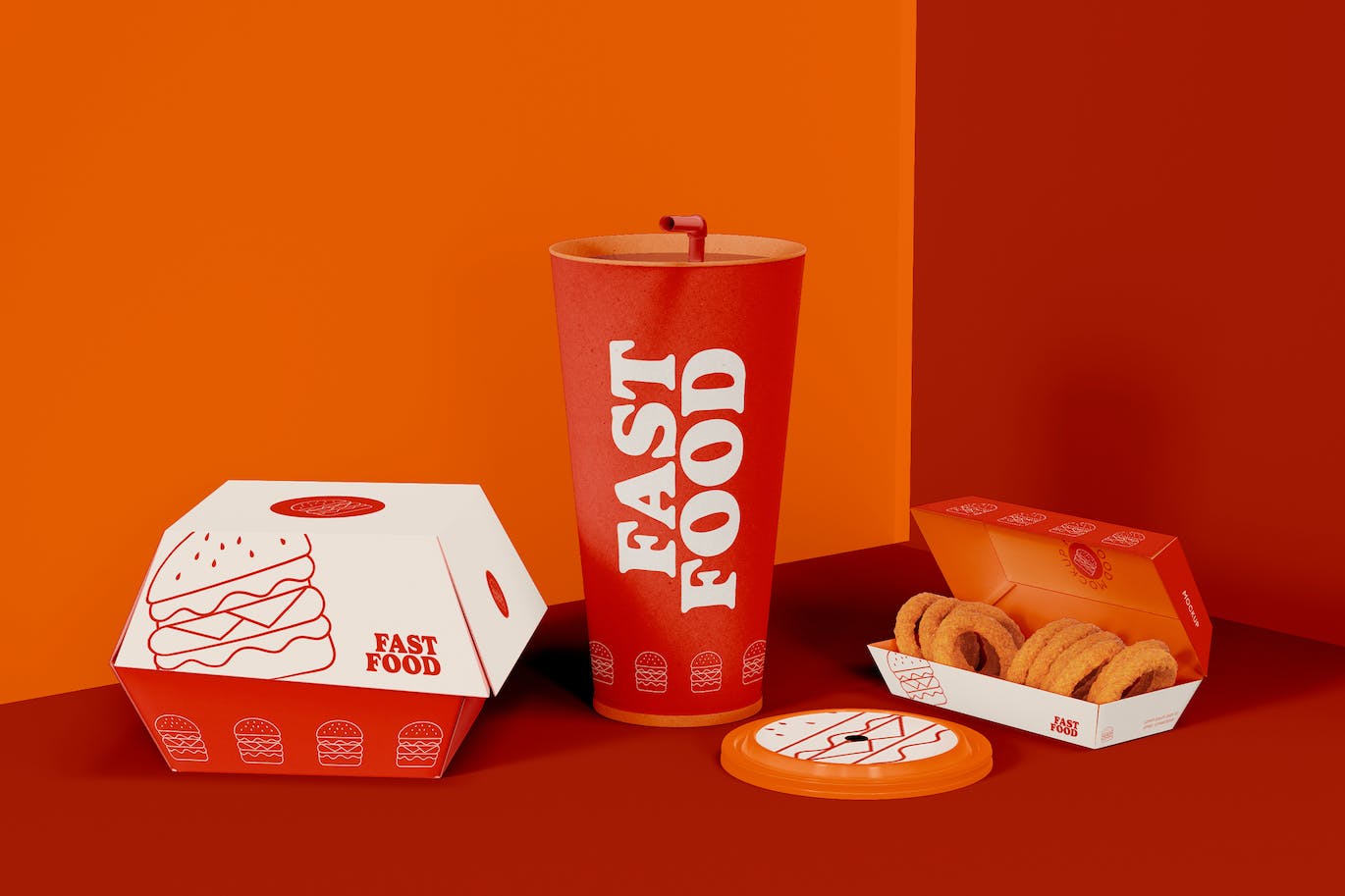 西式快餐盒装包装设计样机图 Fast Food Box Set Mockup 样机素材 第1张