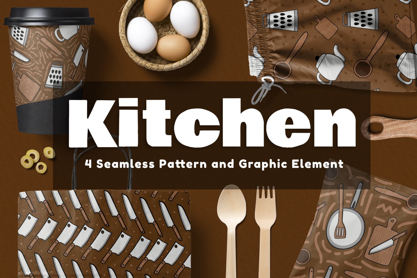 厨房用具无缝图案和元素 Kitchen Seamless Pattern and Element 图片素材 第1张