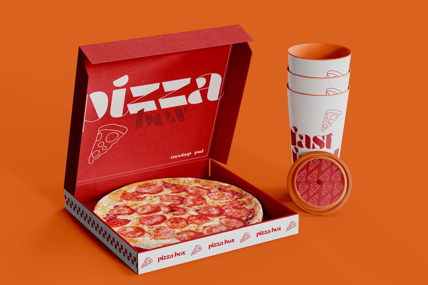披萨盒与纸杯品牌设计样机图 Pizza Box with Cardboard Cup Mockup 样机素材 第1张