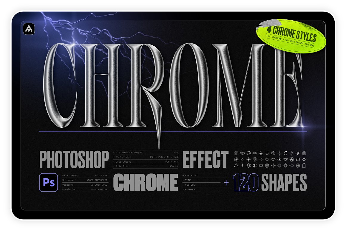 Samolevsky 新潮视觉酸性金属镀铬抽象艺术形状闪光光晕颗粒状纹理PSD模板 Chrome 3D Effect Chrome 3D Photoshop Effect + Shapes . 第1张
