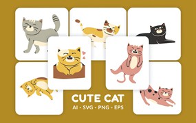 可爱的猫动物矢量插画v2 Cute Cat vector Illustration v.2