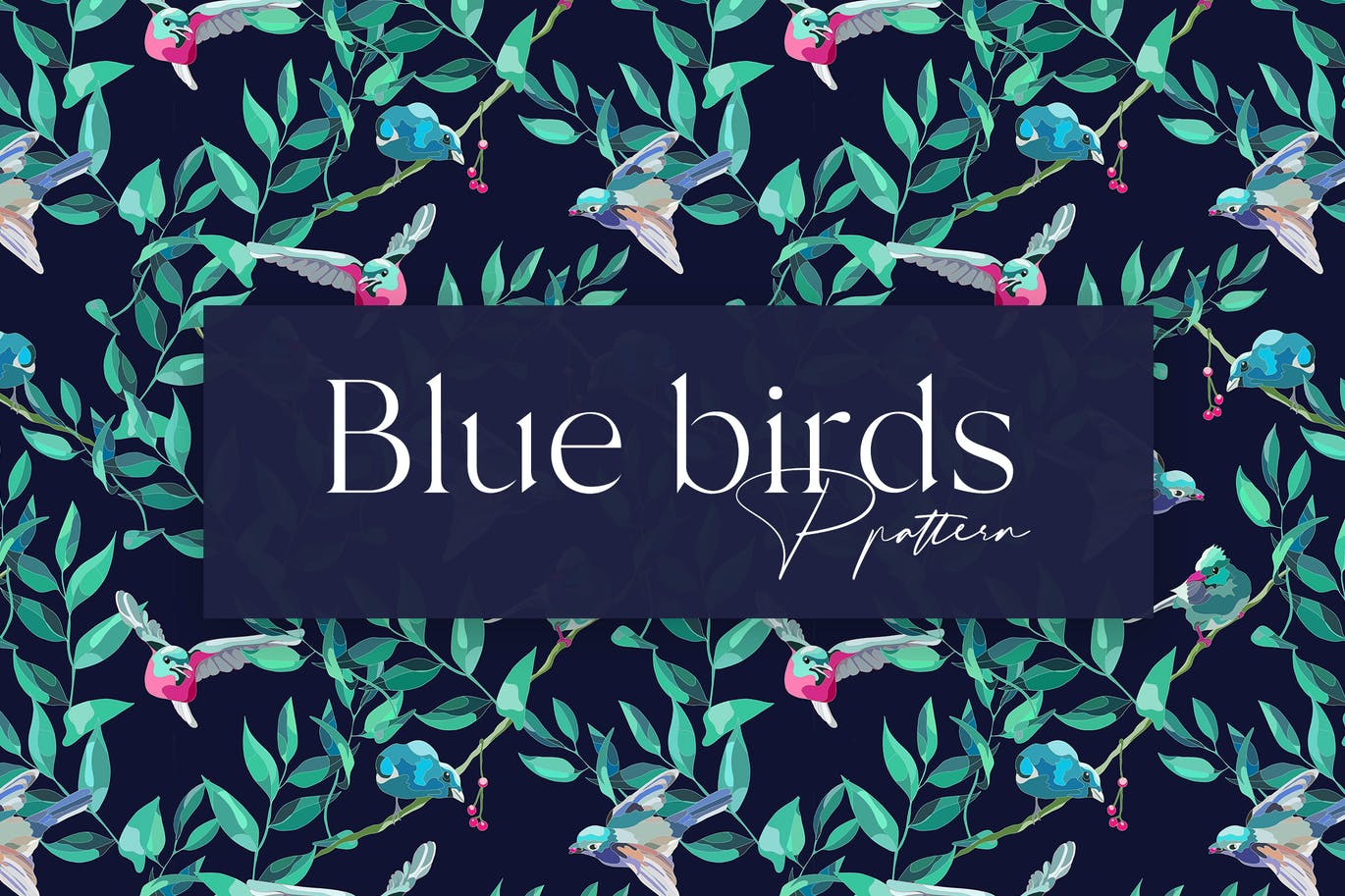 蓝鸟绿叶无缝图案设计素材 Blue Birds Seamless Pattern Design 图片素材 第1张