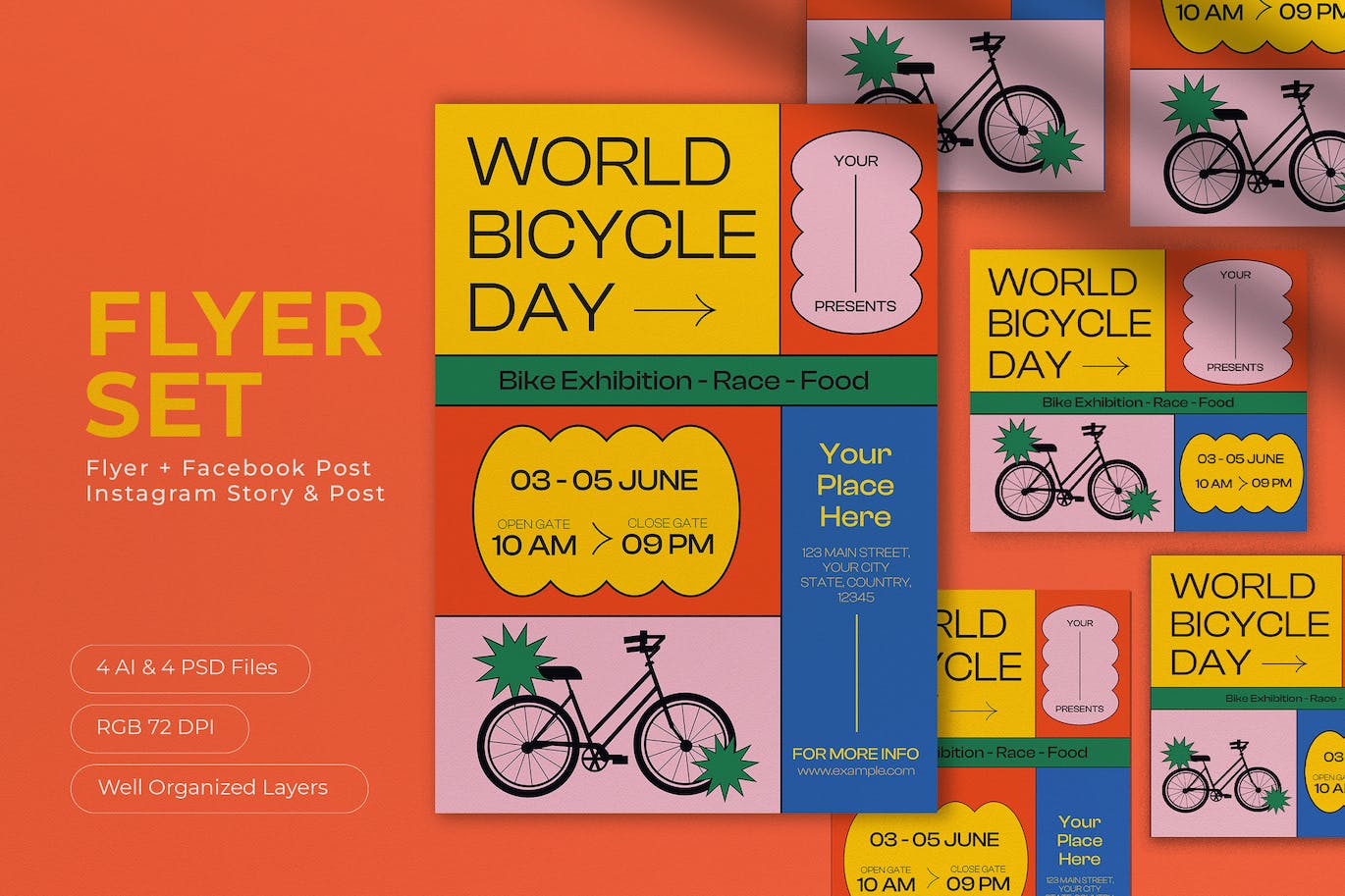 黄色几何图形世界自行车日海报设计模板 Yellow Geometric World Bicycle Day Flyer Set 设计素材 第1张