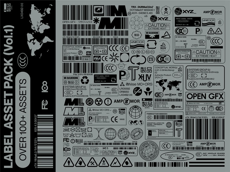 107个赛博朋克工业风格矢量标签印刷设计图标套件 Label Asset Pack Vol.1 . 第4张