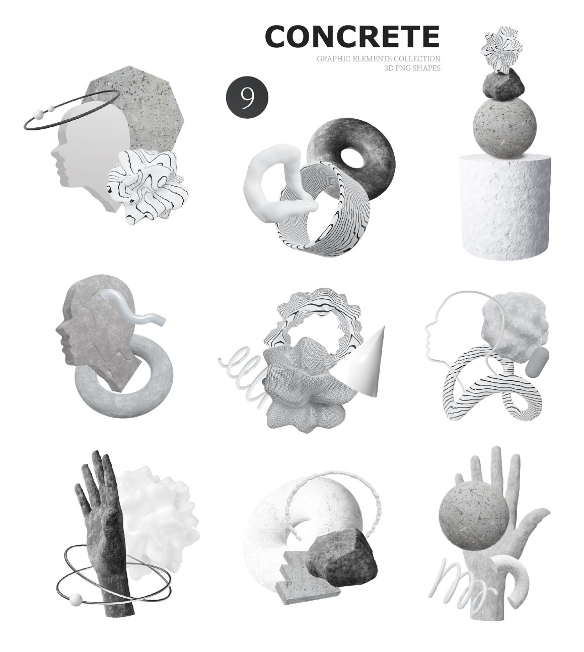 80个野兽派黑白3D几何雕塑粗野摇滚形状设计素材包 Concrete Brutal 3D Shapes graphics . 第8张