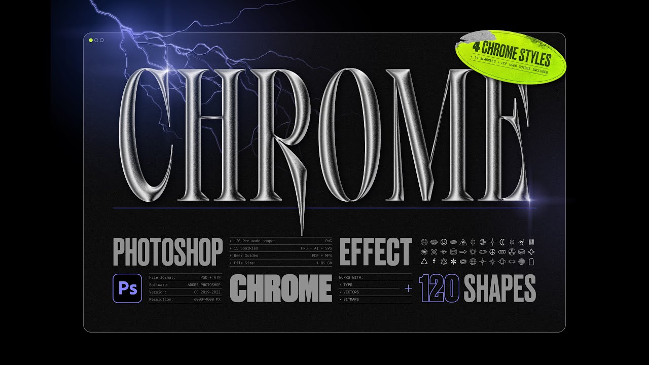 Samolevsky 新潮视觉酸性金属镀铬抽象艺术形状闪光光晕颗粒状纹理PSD模板 Chrome 3D Effect Chrome 3D Photoshop Effect + Shapes . 第2张
