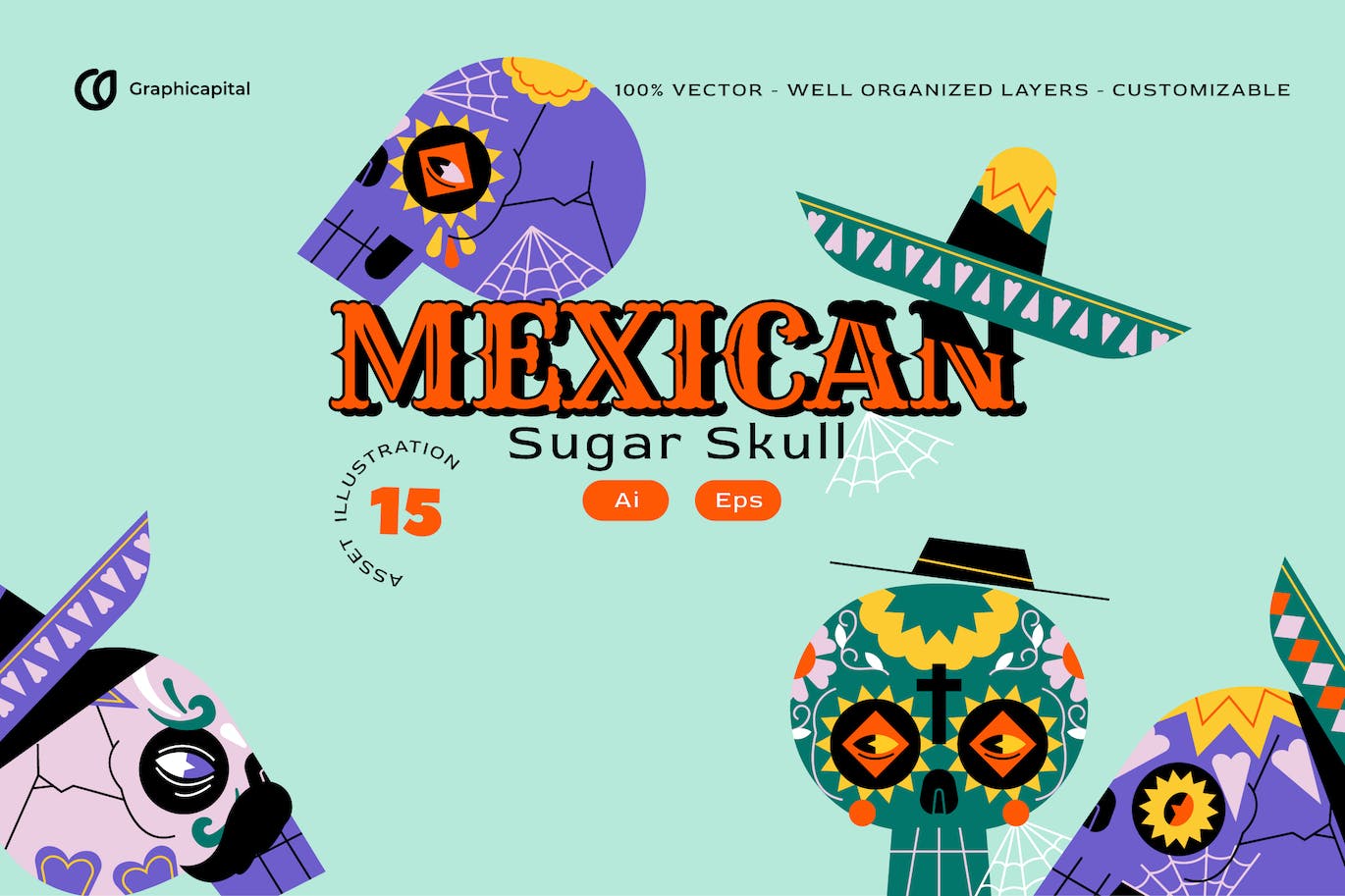 扁平设计骷髅头墨西哥矢量插画集 Pink Flat Design Skull Mexican Illustration Set 设计素材 第1张