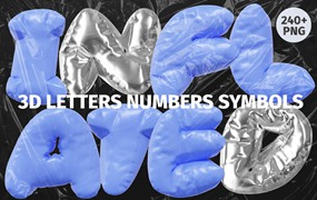 240多个趣味卡通3D渲染Y2K铝箔质感金属气球镀铬英文字母PNG元素设计套装 3D Inflated Type – Letters Numbers