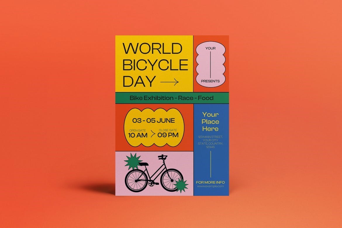 黄色几何图形世界自行车日海报设计模板 Yellow Geometric World Bicycle Day Flyer Set 设计素材 第3张