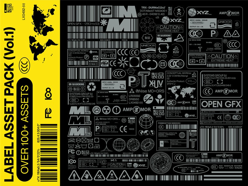 107个赛博朋克工业风格矢量标签印刷设计图标套件 Label Asset Pack Vol.1 . 第5张