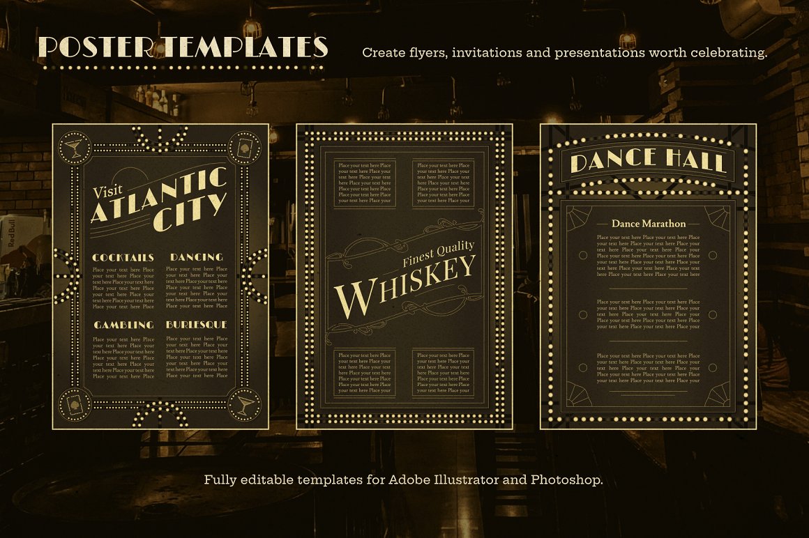 经典美式浮桥黑金舞厅酒吧标牌边框纹理插图AI矢量设计素材包 样机素材 第7张