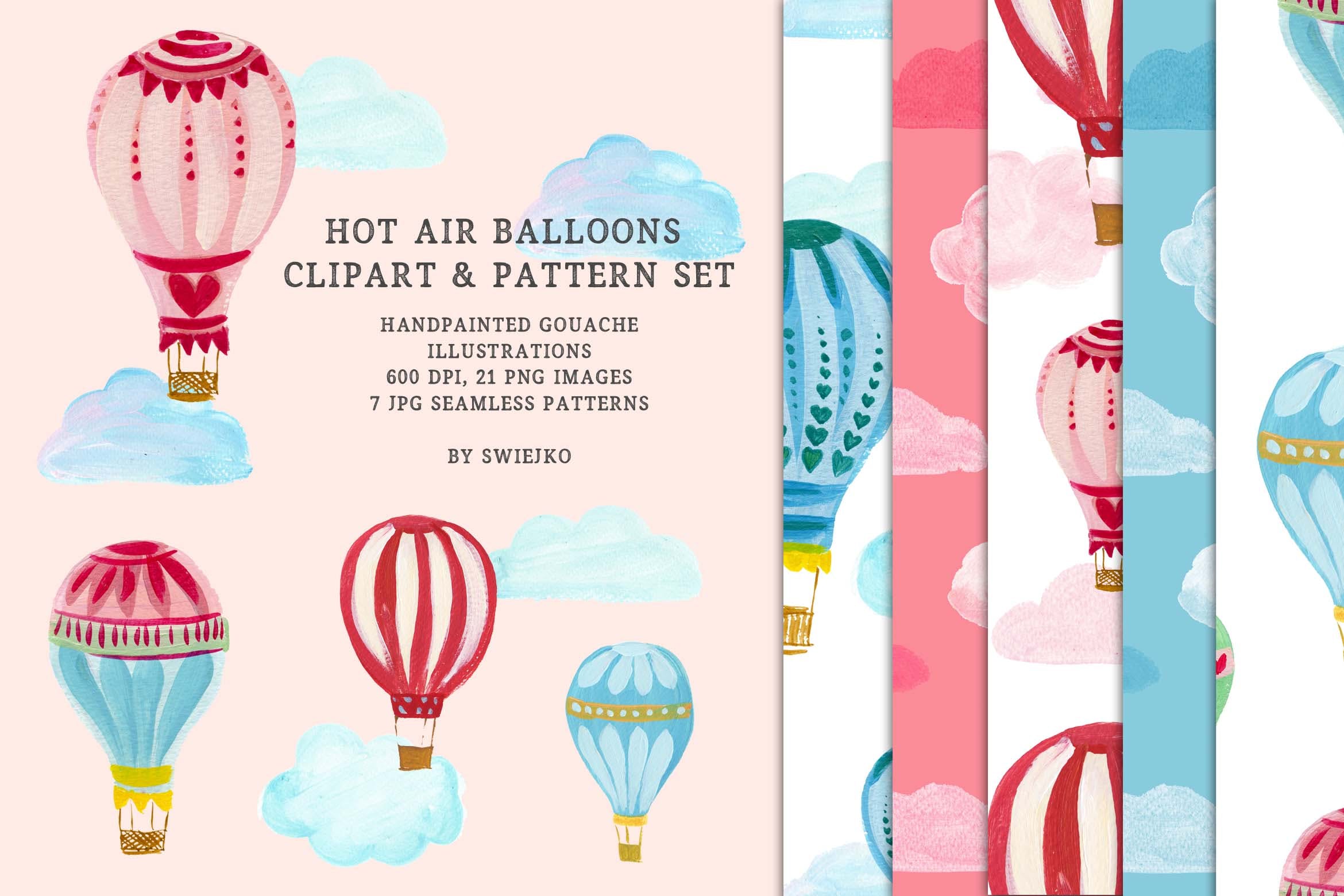 热气球剪贴画和图案集 Hot Air Balloons clipart & pattern set 图片素材 第1张