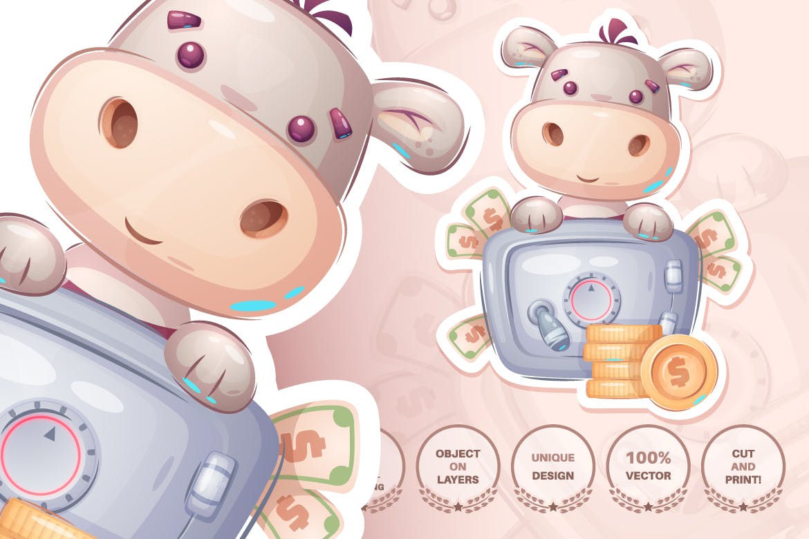 可爱河马无缝图案背景素材 Hippo with money – seamless pattern 图片素材 第1张