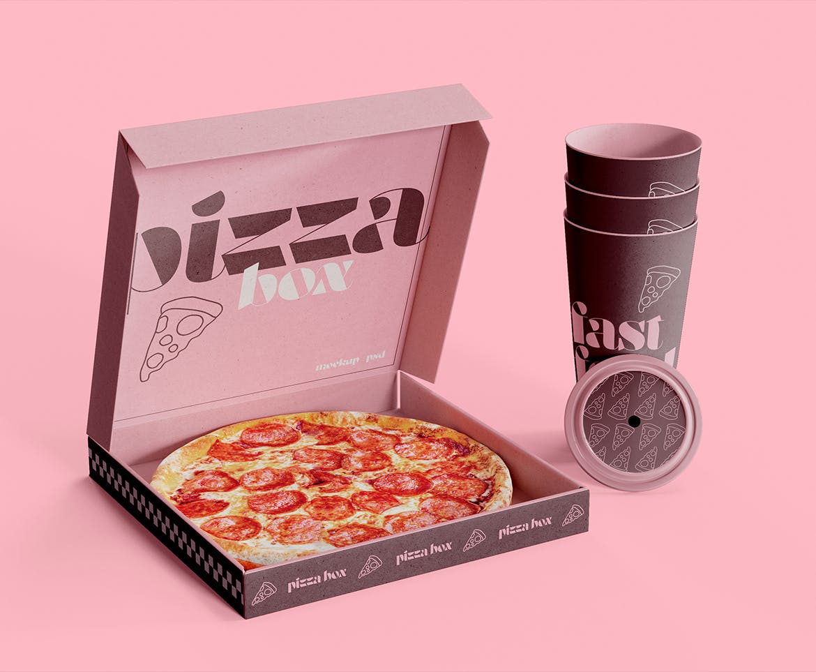 披萨盒与纸杯品牌设计样机图 Pizza Box with Cardboard Cup Mockup 样机素材 第2张