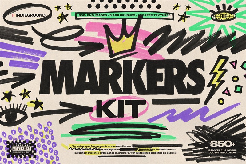 850个趣味灵感马克笔Y2K涂鸦笔触形状图形插画箭头标记PS笔刷纸张肌理设计套装 Markers Kit Indieground . 第1张