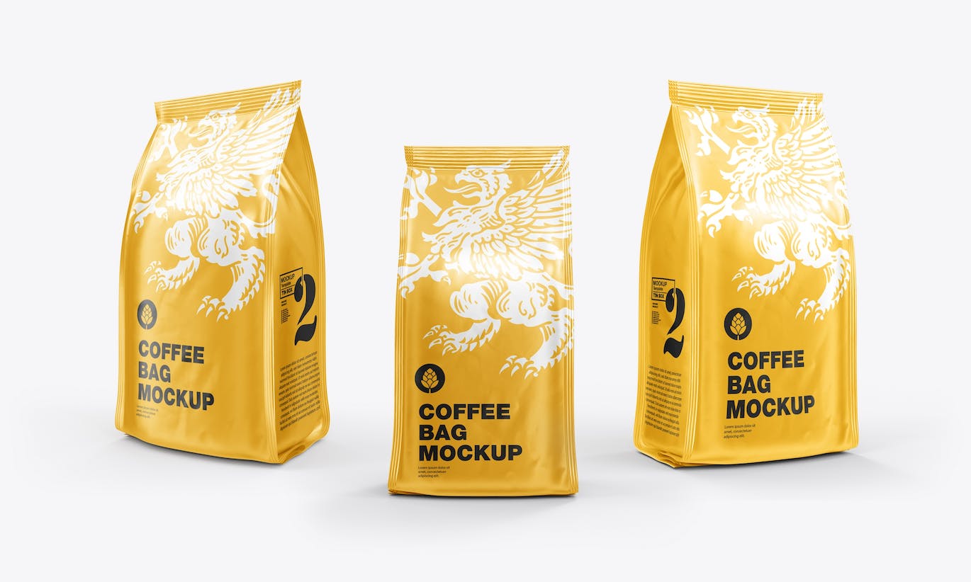 3个箔纸金属咖啡袋包装设计样机图psd模板 Set 3 Metallic Coffee Bags Mockup 样机素材 第2张