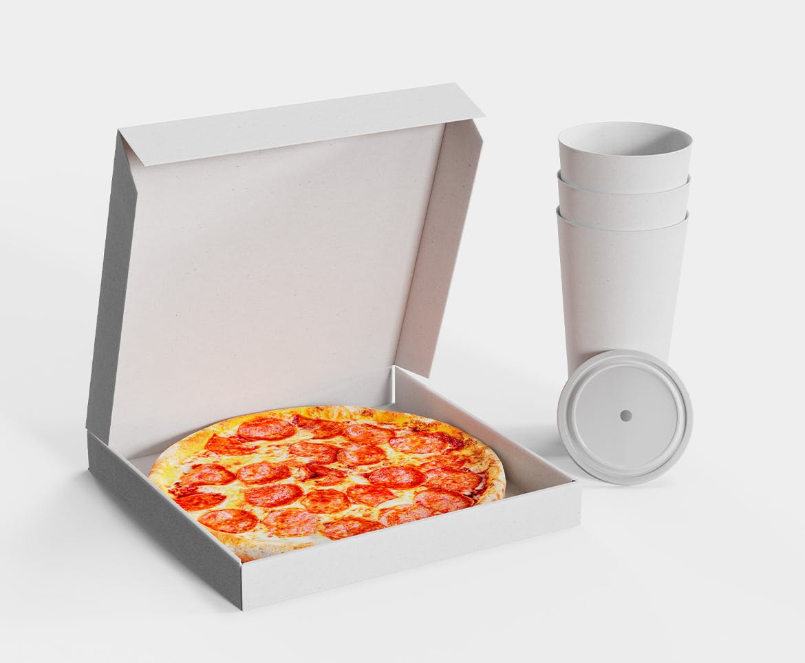 披萨盒与纸杯品牌设计样机图 Pizza Box with Cardboard Cup Mockup 样机素材 第3张