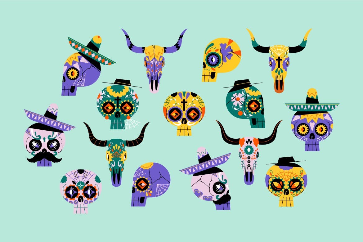 扁平设计骷髅头墨西哥矢量插画集 Pink Flat Design Skull Mexican Illustration Set 设计素材 第6张