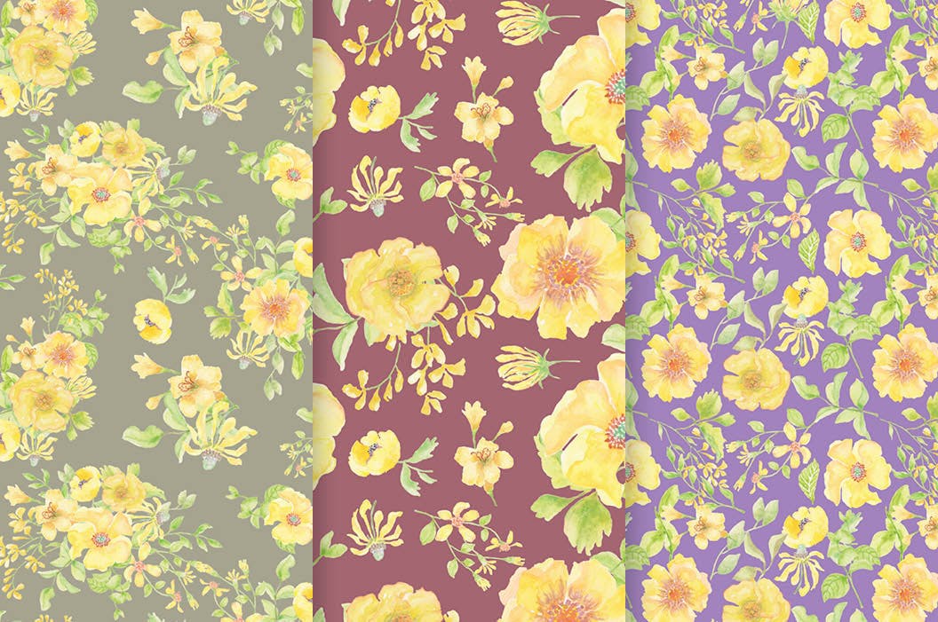 阳光黄色花卉水彩图案 Sunshine Yellow Watercolor Patterns 图片素材 第4张