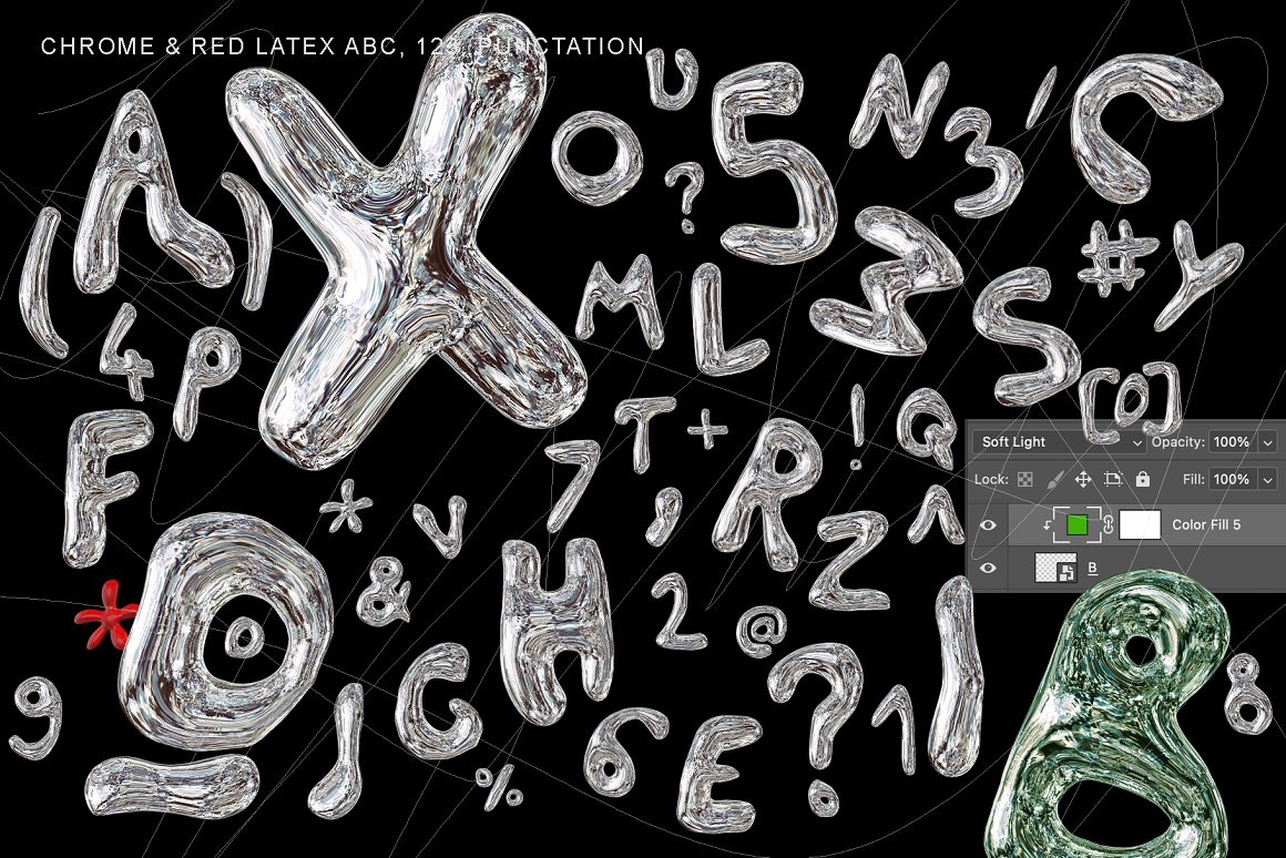 175款Y2K复古实验3D渲染金属镀铬立体英文字母符号插画PNG高清免扣设计套装 CHROME & LATEX 3D Bubble Font Duo . 第2张