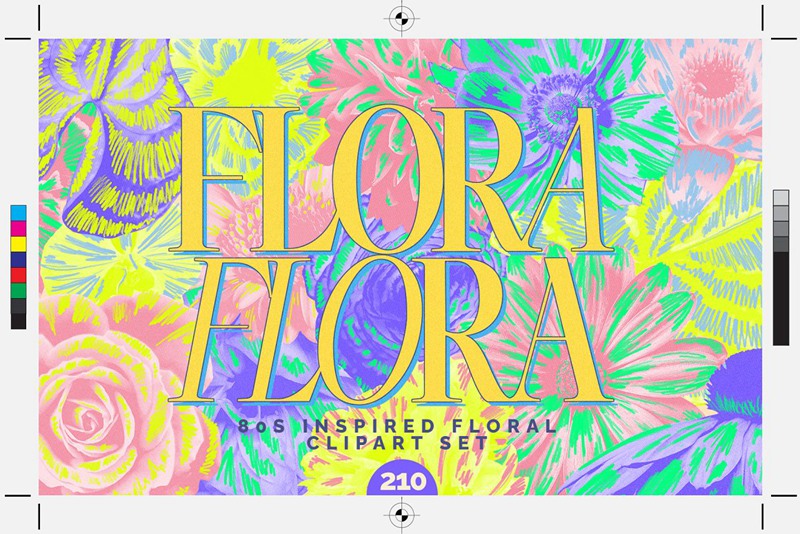 90年代复古霓虹花卉花朵剪贴画拼贴涂鸦PNG元素弥散光渐变背景设计套装 80s Floral Clipart + Bonus . 第1张