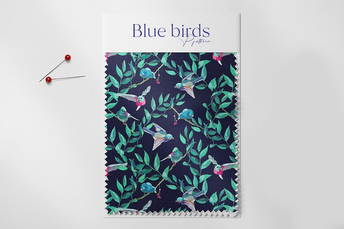 蓝鸟绿叶无缝图案设计素材 Blue Birds Seamless Pattern Design 图片素材 第2张