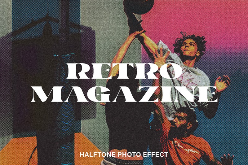 复古半调颗粒老照片效果PS修图特效样机模板素材 Retro Magazine Halftone Photo Effect APP UI 第1张